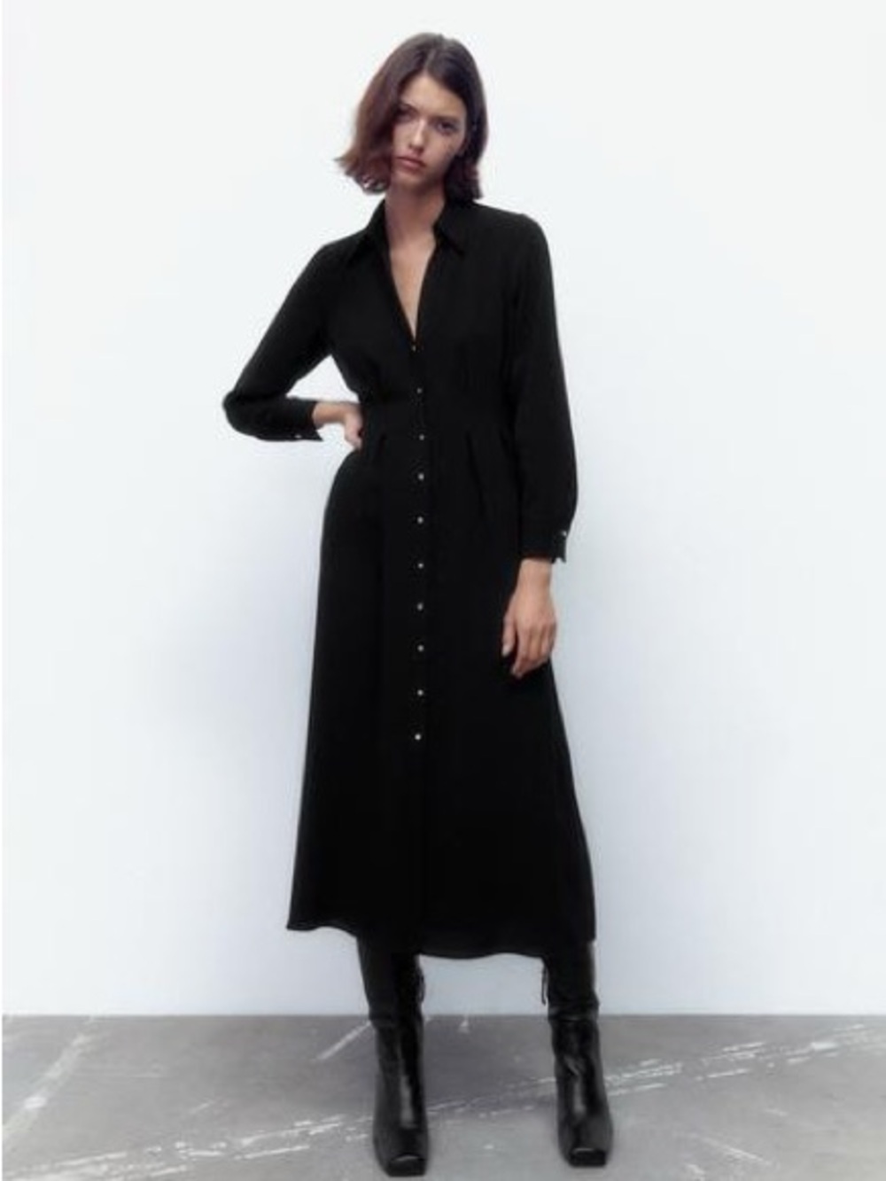 Zara Pleated Midi Black Dress with Gold Buttons Large